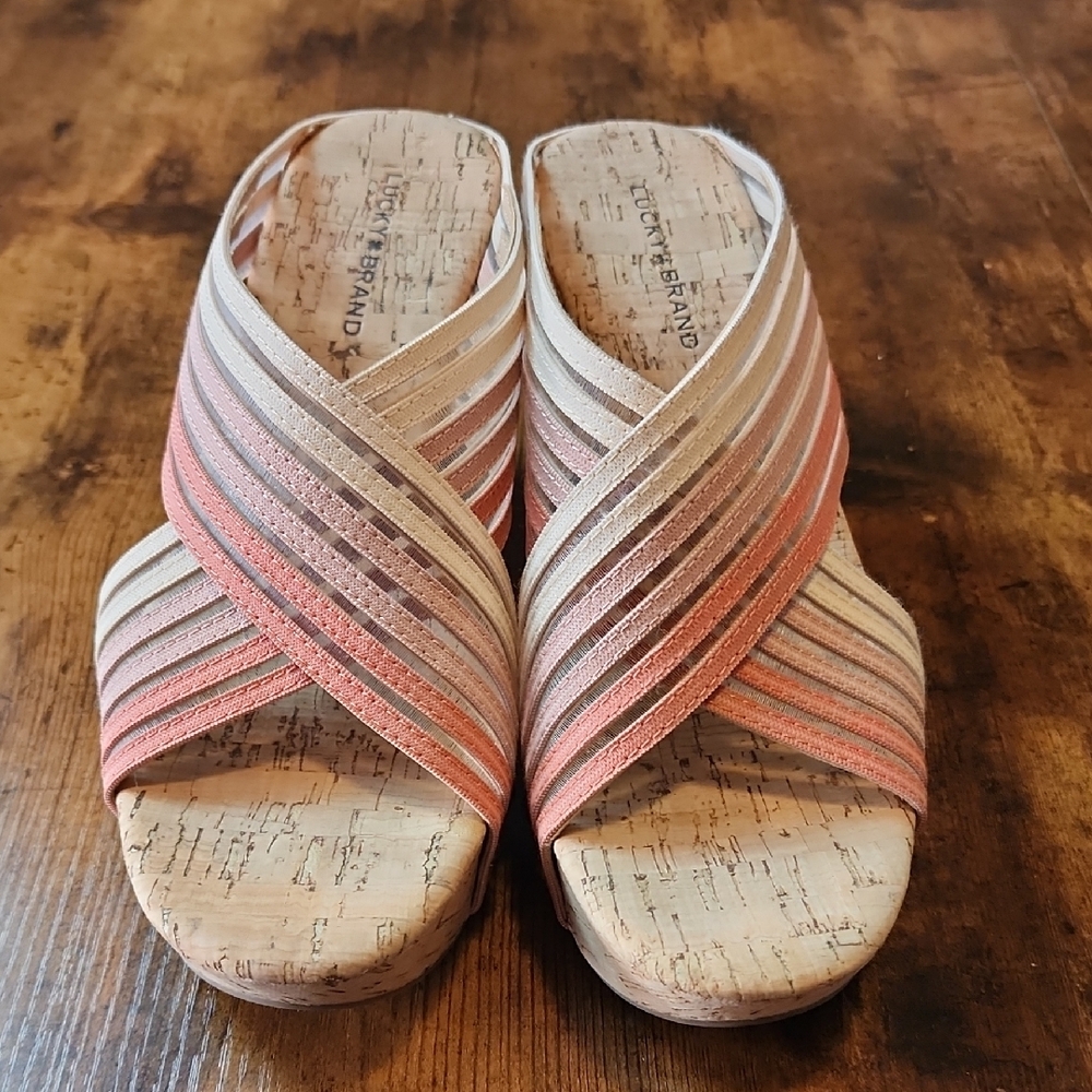 LUCKY BRAND | Peach Coral Ombre Mykayla Cork Wedge Multicolor Strappy Sandal | 8 - Picture 2 of 10